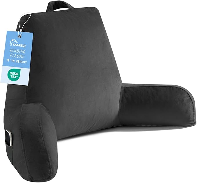 OAISZ Reading Pillow for Sitting in Bed Adult, Reading Pillow with Shredded Memory Foam, Back Pillow for Bed Sitting Up with Extend Arms, Pockets, Pillow with Washable Cover,Black, X-Large