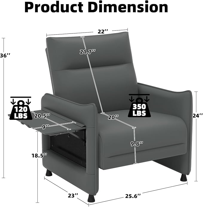 Upholstered Accent Sofa, Modern Faux Leather Sofa Chair with Hidden Foldable Tray & Side Pocket, Front Contour Arm Design, Small Accent Sofa for Bedroom, Gray