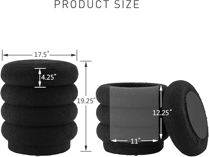 17.5'' Round Ottoman Foot Stool Fabric Storage Footrest Vanity Stool Chair, Modern Sherpa Upholstered Padded Seat with Lid for Living Room/Bedroom/Small Space/Make Up, Black