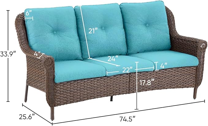 Patio Sofa Outdoor Wicker Couch - Heavy Duty All-Weather Brown Rattan 3-Seater with High Back and Comfortable Thick Cushions for Garden Back Porch Poolside Apartment - Turquoise
