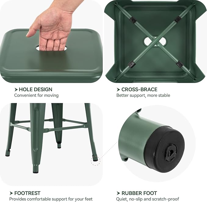 Vogue Furniture Direct 24 Inch Metal Bar Stools, Backless Counter Height Barstools, Indoor Outdoor Stackable Stools with Square Seat, Set of 4 (Dark Green)