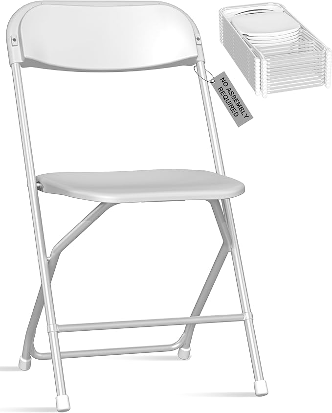 10 Pack White Plastic Folding Chairs, Heavy-Duty Steel Frame, Portable Stackable Foldable Chairs with Non-Slip Feet – Commercial Indoor/Outdoor Seating for Events, Weddings, Office, Parties