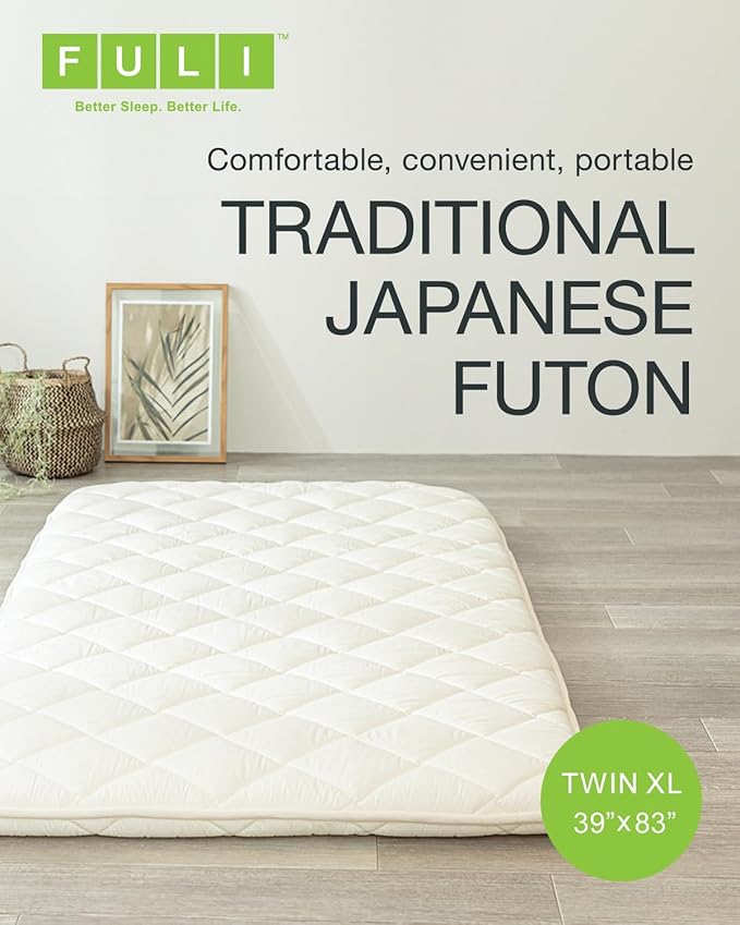 FULI Japanese Futon Japanese Floor Bed, Tatami Foldable Bed, Roll Up Sleeping Pad, Shikibuton, Made in Japan (White, Twin XL)