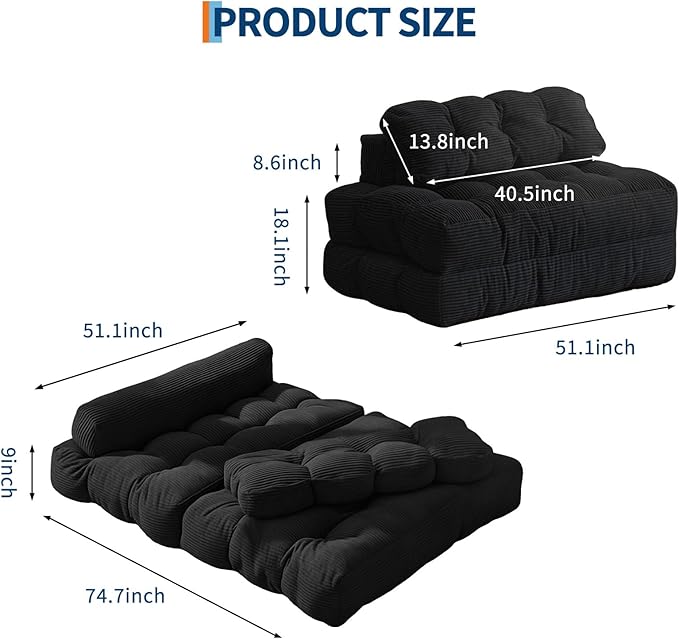 Garvee Folding Sofa Bed, Convertible Sleeper Chair with Pillow Foldable Mattress with Back Support, Boneless Fold Out Chair Bed Comfy Floor Sofa Lounge for Living Room, Bedroom, Black, Full