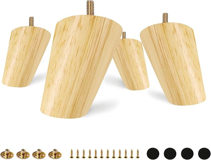 FoDau770 Rubber Wood Furniture Legs 3 Inches, Slant Tapered Wood Feet Mid Century Sofa Legs Set of 4, 5/16" UNC Furniture Feet Replacement Parts for Cabinet Couch Dresser Chair Ottoman Table