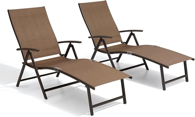 Crestlive Products Chaise Lounge Chair Outdoor Set of 2, Aluminum Folding Patio Recliner Chair, Adjustable 8 Positions Assemble-Free Perfect for Beach, Yard, Pool, Deck