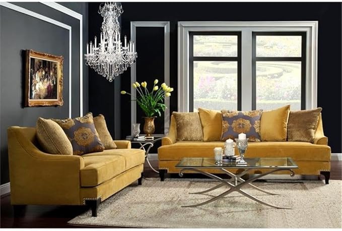 BOWERY HILL Traditional Velvet Upholstered Sofa with Wood Frame in Gold