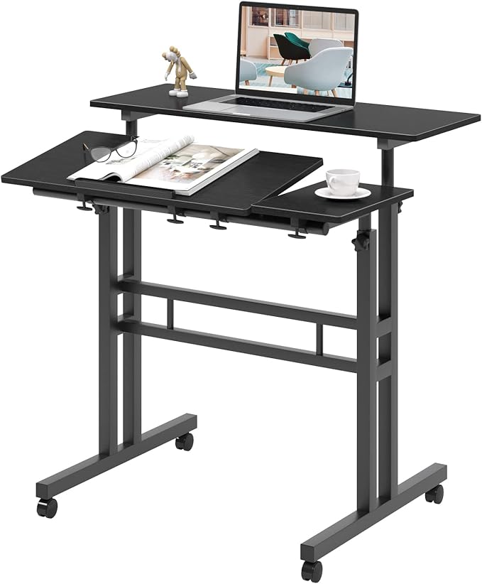 DlandHome Computer Desk, Adjustable Rolling Desk Standing Desk, 31.5L x 23.6W x 26.4-45.3H inch, Black