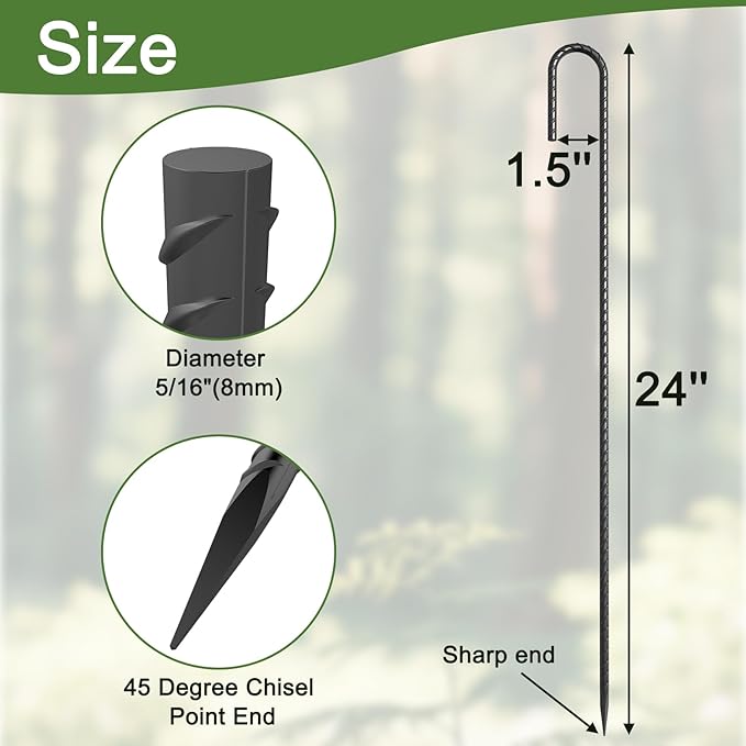 OK5STAR 24" Ground Rebar Stakes Heavy Duty J Hook Ground Anchors, 5/16 inch Curved Steel Tent Stakes Anti Rust Steel Ground Stakes for Chain Link Wire Fencing, Pack of 8, Black