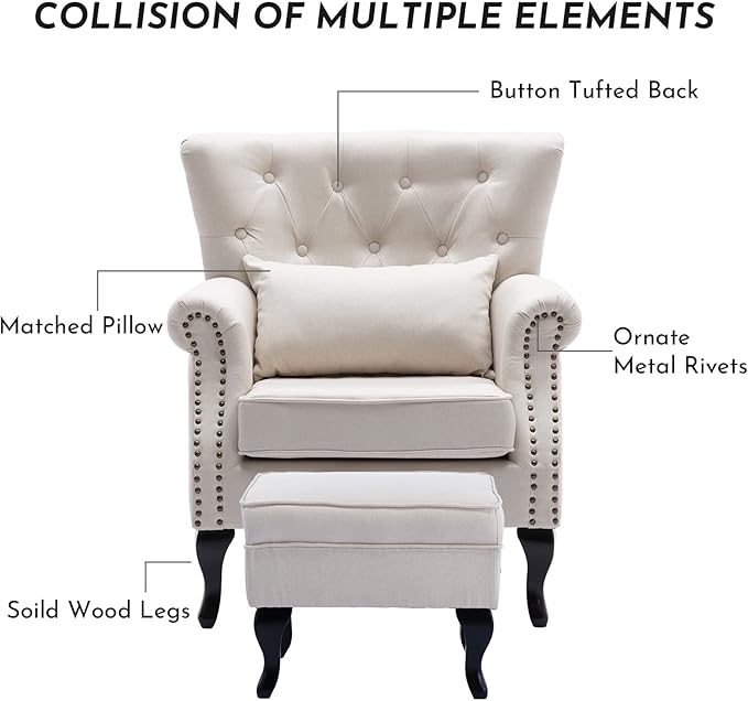 LZAREAL Accent Reading Arm Chairs with Ottoman Set of 2 for Living Room Bedroom, Midcentury Modern Corner Sofa Chair, Wingback Waiting Room Club Chair with Tufted Back &Lumbar Pillow, Linen Beige