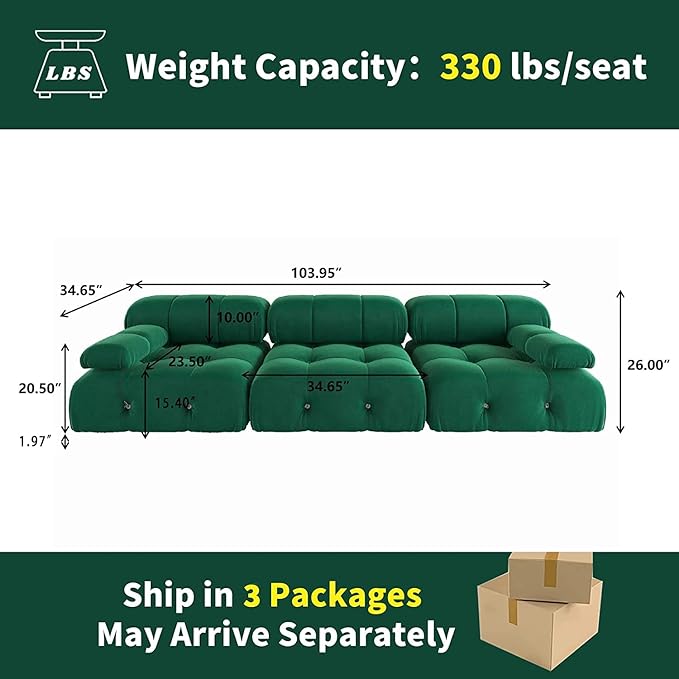 JACH 104" Convertible Modular Sectional Sofa, Minimalist Mid-Century Velvet Sofas Couches, Luxury Modern 3-Seat Wide Couch Sectional for Living Room Bedroom Office Apartment (Green)