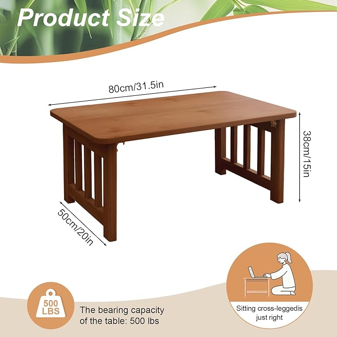 Japanese Bamboo Folding Floor Table, Portable Low Coffee Table for Small Spaces, Foldable Tatami Tea Table for Sitting on Floor, No Assembly Chabudai Table for Zen Living Room (Brown)