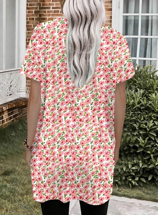 Poetsky Summer Womens Tunic Tops for Leggings with Pockets Short Sleeve Casual Long T Shirts S-3XL