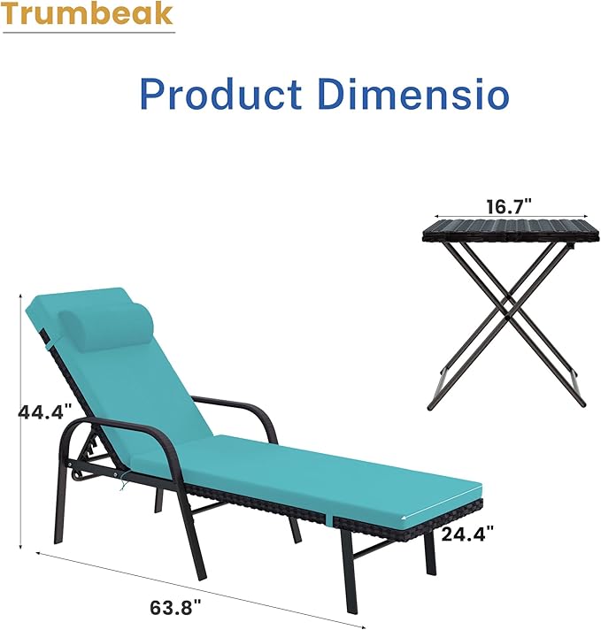 Trumbeak Patio Chaise Lounge Set 3 Pieces Pool Lounge Chairs,Cushioned Outdoor Folding Lounge Chair w/Arm and Rattan Adjustable Backrest for Poolside Porch,Folding Table Included,Turquoise Blue