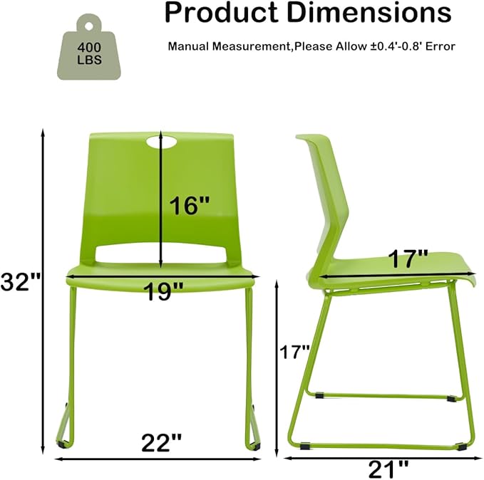 Green Stacking Chairs Set of 4, Modern Stackable Office Chairs with Wide Plastic Seat & Metal Sled Base for Waiting Room Break Room Conference Church Banquet Lobby