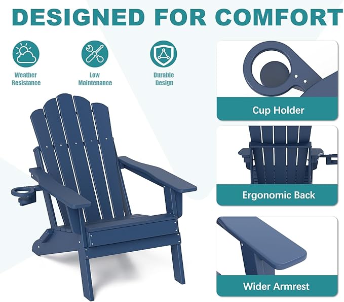 FOOWIN Adirondack Chair Set of 6, Folding Adirondack Chair with Cup Holder, HDPE All-Weather Fire Pit Chair for Patio, Garden, Backyard, Poolside, Navy Blue