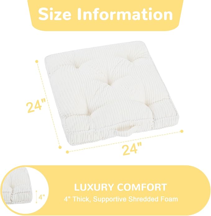 PRIMEPATIO Square Floor Pillow for Adults, Tufted Floor Cushion for Sitting, Large Meditation Cushion, Thick Corduroy Seat with Handle, Tatami Seating for Yoga, 24x24 Inch Beige, 1Pack