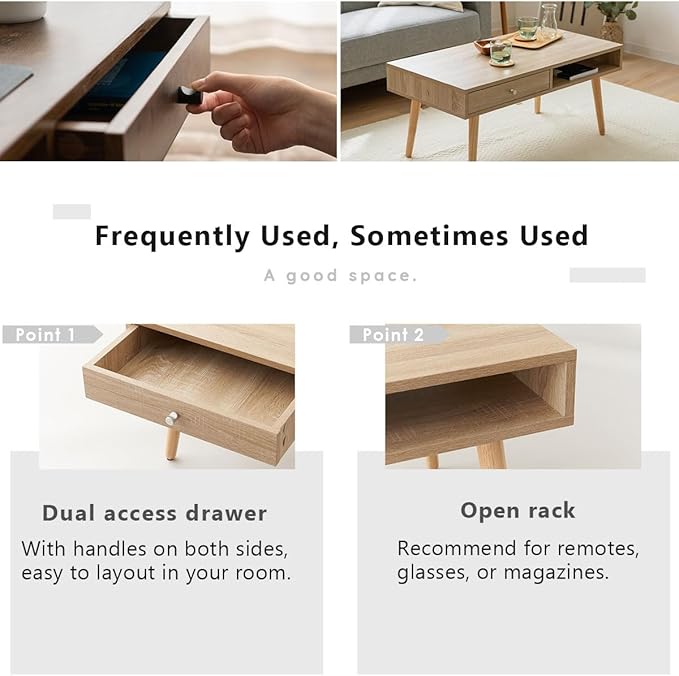 EMOOR Wooden Small Coffee Table with Storage Rectangle Medium (35.4"x17.7") Rustic Brown, Floor Sitting Low Table Small Space Minimalist Japanese Tatami Room