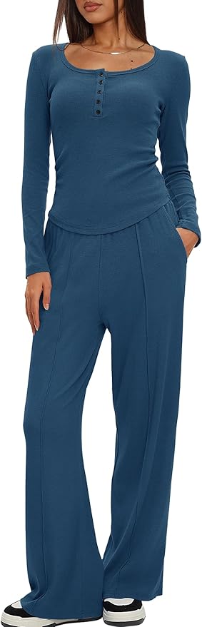 Darong Womens 2 Piece Matching Lounge Sets 2026 Long Sleeve Henley Shirts Wide Leg Pants Airport Travel Outfits
