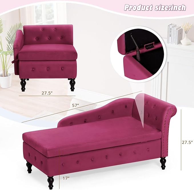 ACMEASE Upholstered Chaise Lounge with Right Armrest & Lumbar Pillow,Button Tufted Lounge Sofa with Storage,Lounge Chair Indoor,Modern Velvet Lounge Chair for Bedroom, Living Room and Office,Fuchsia