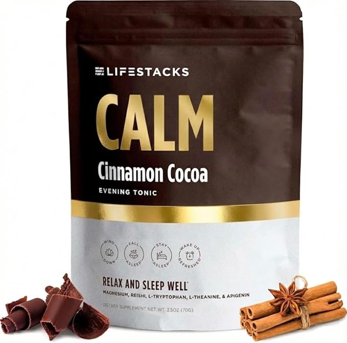 LIFESTACKS Calm Evening Tonic Sleep Powder - Cinnamon‑Cocoa Nighttime Superfood Drink Mix - Magnesium, L‑Theanine, Reishi Mushroom & L‑Tryptophan for Deep Sleep & Recovery, No Grogginess - 5 Servings