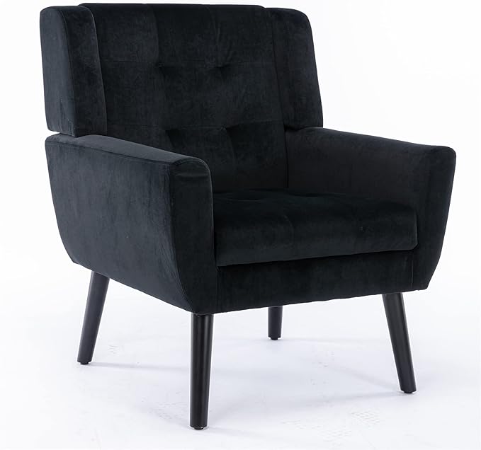 OO BY ORANGE ONLINE Velvet Accent Chair, Mid-Century Modern Tufted Armchair for Living Room, Bedroom & Office (Black)