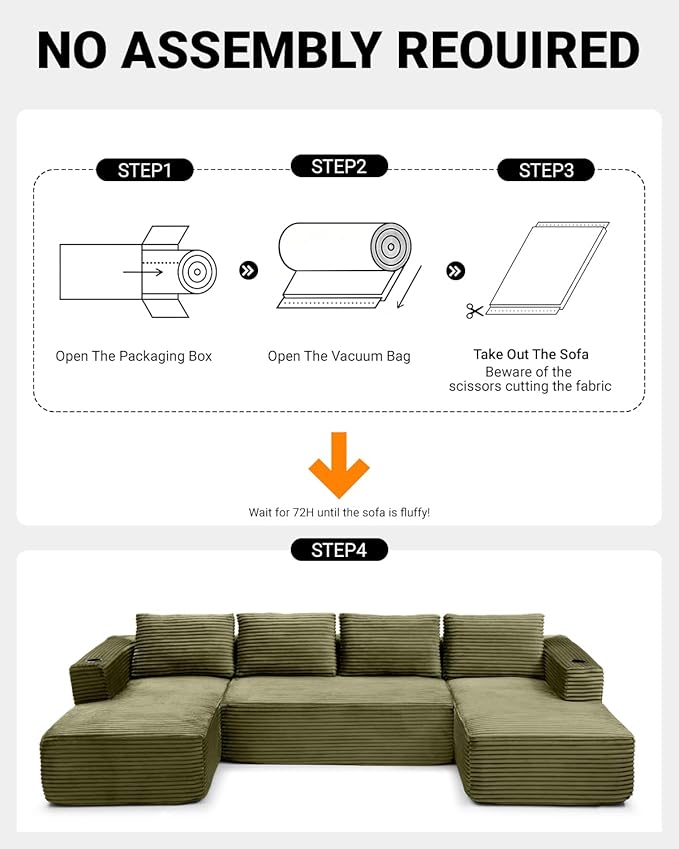 132" Modular Sectional Sleeper Sofa, Boneless Cloud Couch for Living Room, U Shaped 5 Seat Sofa with 2 Cup Holders, Free Combination, No Assembly Required (Green)