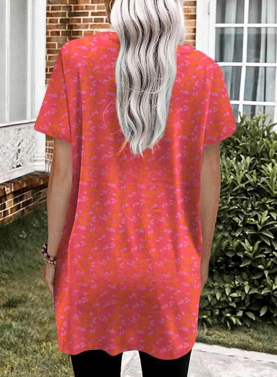 Poetsky Summer Womens Tunic Tops for Leggings with Pockets Short Sleeve Casual Long T Shirts S-3XL