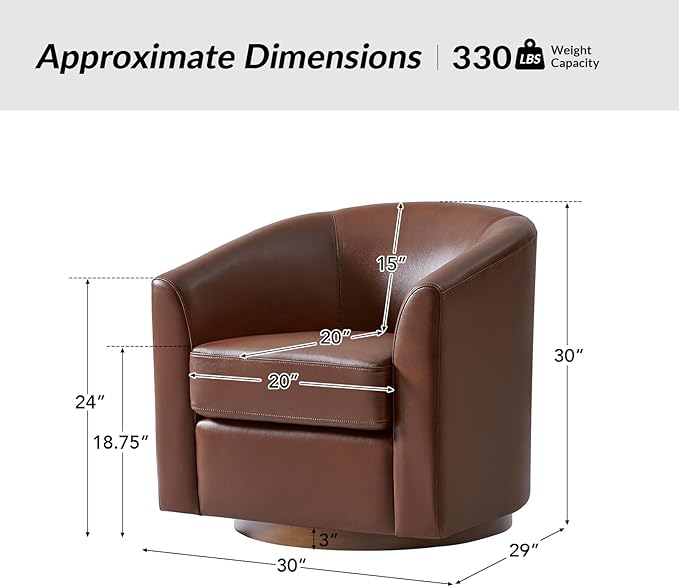 HULALA HOME Genuine Leather Swivel Accent Chair with Solid Wood Base, Round Swivel Barrel Chair for Living Room and Bedroom, Brown