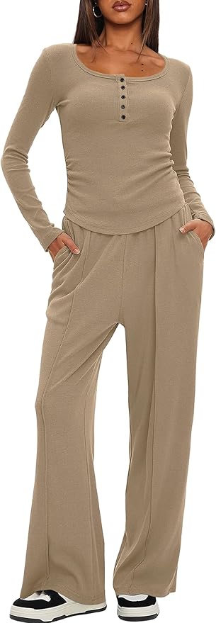Darong Womens 2 Piece Matching Lounge Sets 2026 Long Sleeve Henley Shirts Wide Leg Pants Airport Travel Outfits