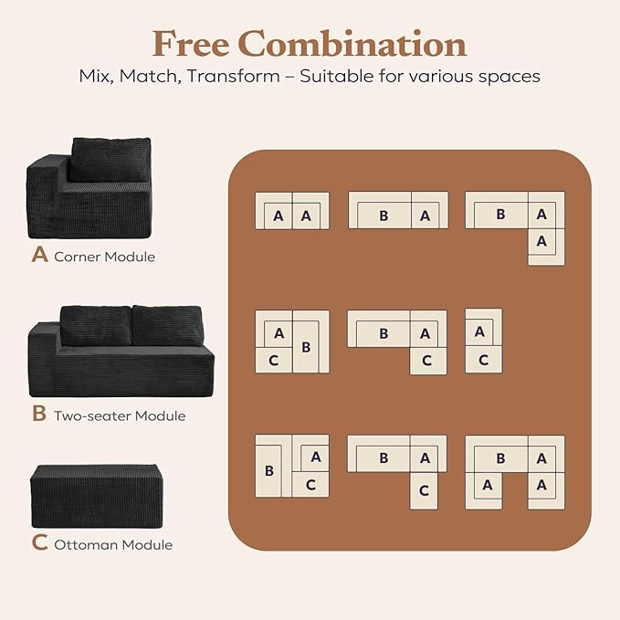 Furnify Loveseat Sofa, Cloud Modular Sofa Couch, Upholstered Floor Sofa with Deep Seat, Upholstered Foam Couch for Bedroom Living Room, No Assembly Required (Plush Corduroy Fabric, Black)