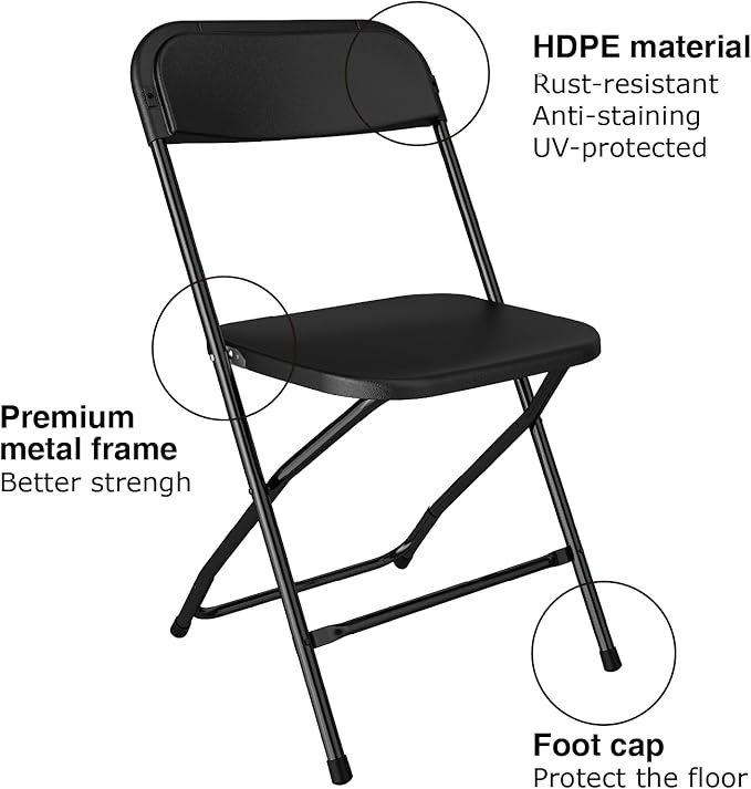 6 Pack Black Folding Chairs, Portable Party Chairs, Plastic Folding Chair,Stackable Commercial Seats with Steel Frame for Office Wedding Party Patio Dinning Events, 350lbs Capacity, Black