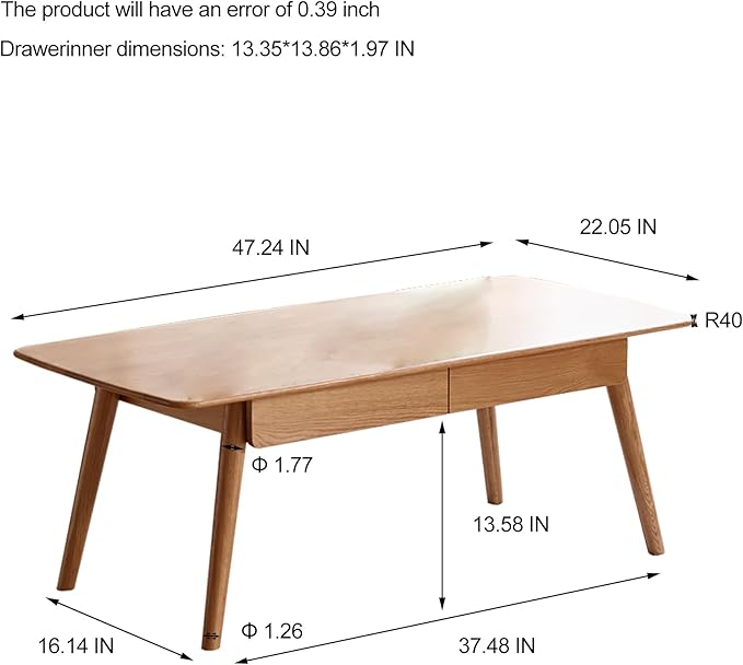HanStrong 47.24" Center Coffee Table 100% Solid Wood Top Plate Desk Study Desk Work from Home with Storage Shelf,Oak