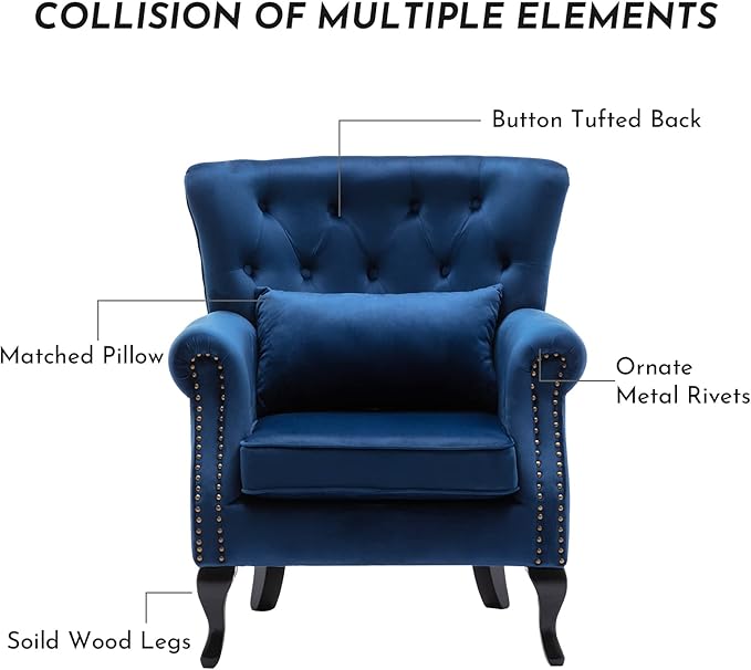 LZAREAL Accent Reading Arm Chairs for Living Room Bedroom, Midcentury Modern Comfy Corner Sofa Chair, Wingback Waiting Room Club Chair with Button Tufted Back &Lumbar Pillow, Velvet Blue