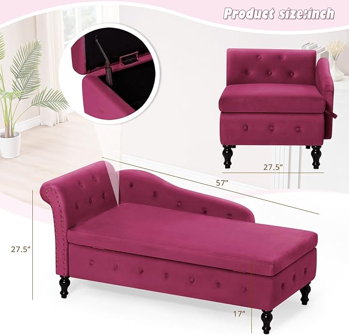 ACMEASE Velvet Chaise Lounge with Left Armrest & Storage Space,Button Tufted Lounge Chair w/Lumbar Pillow,Modern Upholstered Lounge Chair for Bedroom, Living Room and Office, Fuchsia