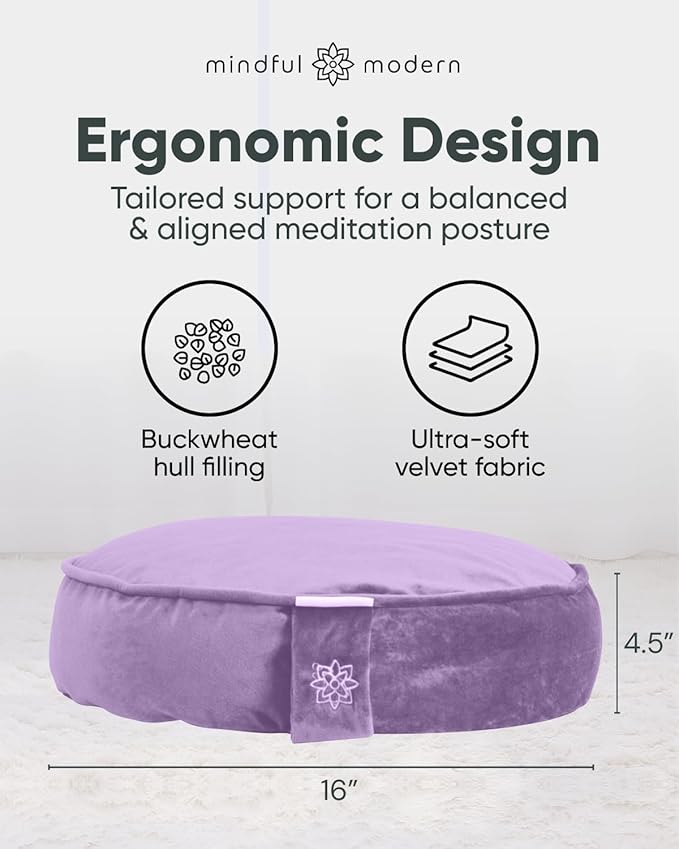 Mindful Modern Velvet Meditation Cushion | Luxe Zafu Yoga Floor Pillow Seat | Posture Support | Buckwheat Hull Filled | Large Round Cushion with Removable Washable Cover + Carry Handle