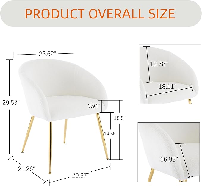 Modern Small Accent Chair Set of 2, Comfy Sherpa Makeup Vanity Chair with Golden Metal Legs, Decorative Chair no Wheels for Living Room, Dressing Room, Bedroom, White