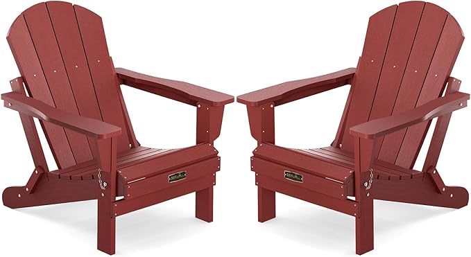 SERWALL Foldable Adirondack Chair Set of 2 for Patio Garden Outdoors Fire Pit Chairs- Red