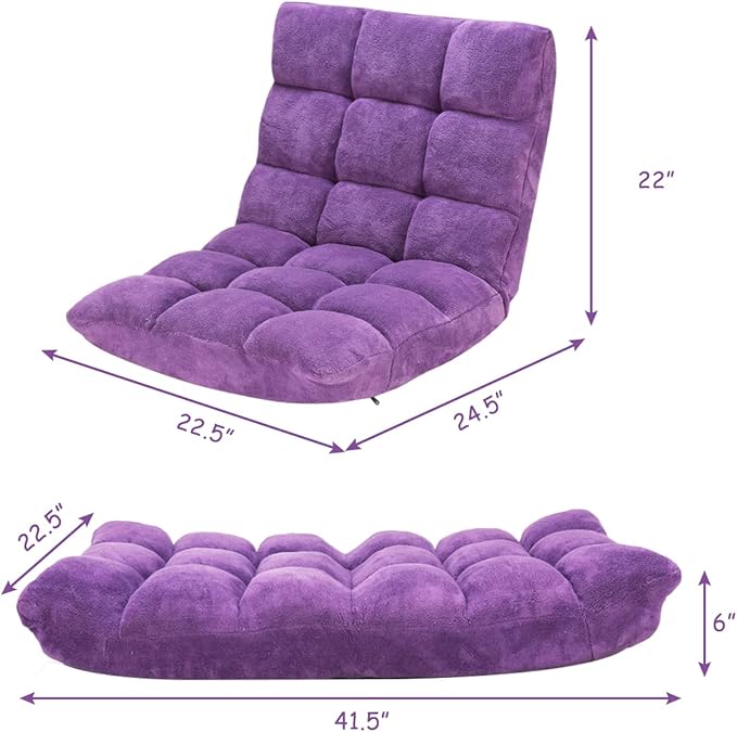 KOMFOTT 14-Position Adjustable Padded Gaming Sofa Chair with Back Support - Folding Lazy Lounge Meditation, Reading, Living Room and Video Gaming Chair in Purple