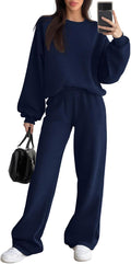 Sweetyweee Women's 2 Piece Outfits Set Fleece Lined Lounge Sweatsuit Crewneck Pullover Top Wide Leg Pants Casual Tracksuit