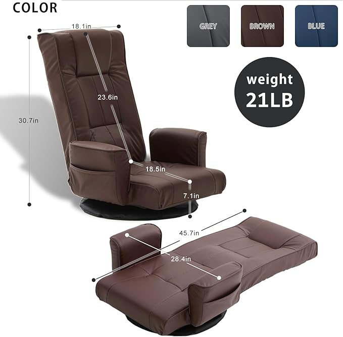 FLOGUOR 360° Swivel Gaming Floor Chair with Armrests – 14-Position Adjustable Folding Floor Sofa Lounger, Padded Backrest, Multi-Angle Recline for Home, Living Room & Office (Brown)