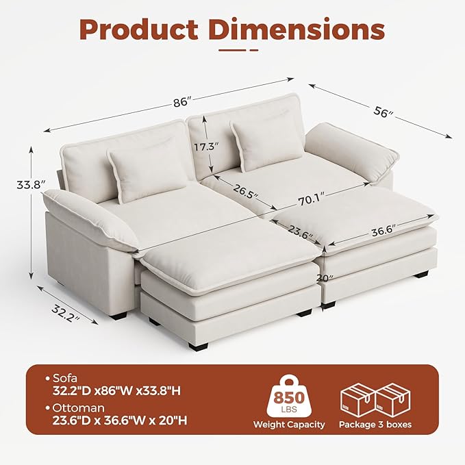 CDCASA 86" Modular Sectional Sofa, Comfy Cloud Couch with 2 Movable Ottoman, 4-Seater Velvet Deep Seat Sofa Bed Modern Sofa Couch for Living Room, DIY Combination, Beige