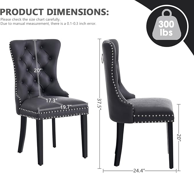 Kiztir Leather Dining Chairs Set of 6, Upholstered Dining Chair with Nailhead Trim and Solid Wood Legs, Luxury Wingback Dining Side Chair for Living Room, Bedroom, Kitchen (Black)