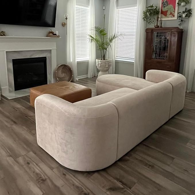Acanva Luxury Modern Tight Curved Back Velvet Sofa, Minimalist Style Comfy Couch for Living Room Apartment, L-Shaped Sectional with Left Chaise, Cream