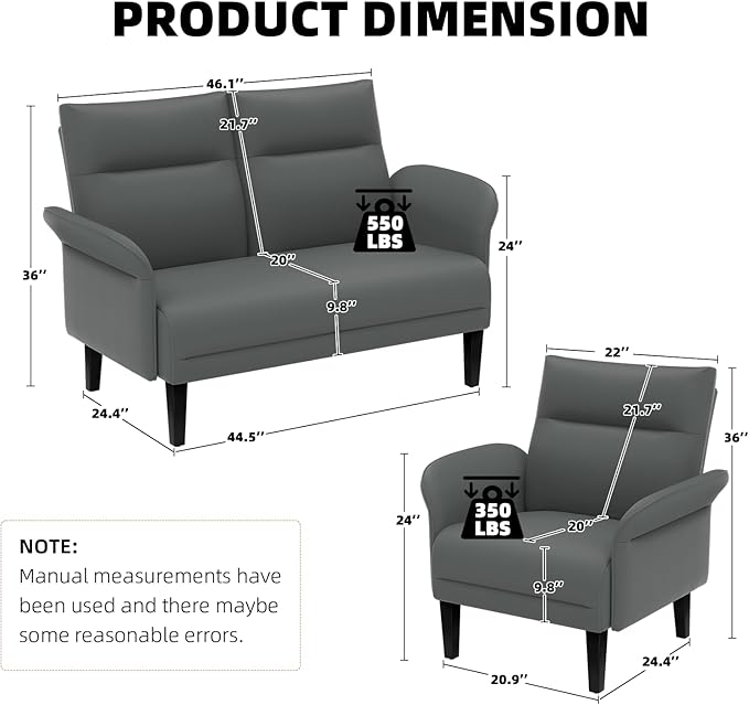 3-Piece Symmetrical Shawl Arm Sofa Set, Faux Leather Loveseat & 2 Accent Chairs with Wide Armrests, Wooden Legs, Upholstered Living Room Set for Cozy Spaces(Gray)