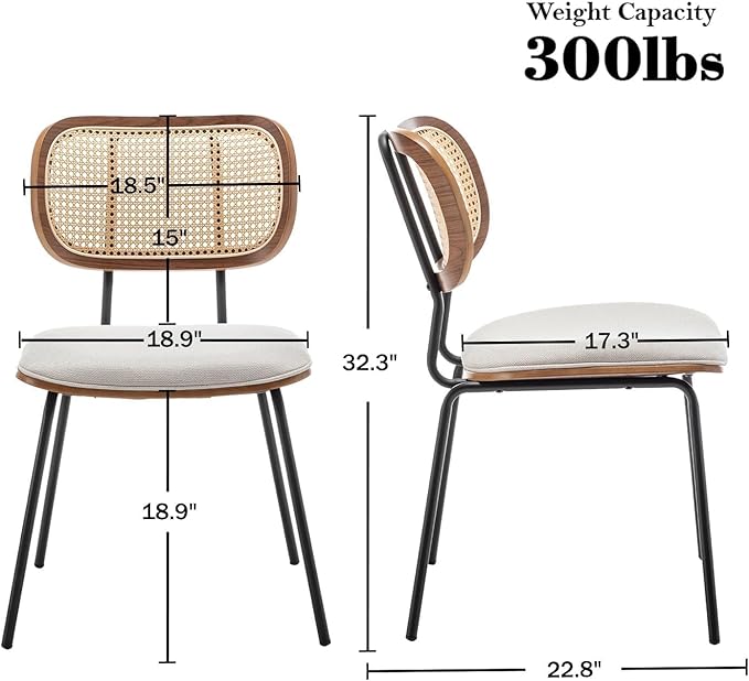 HOCEWI Rattan Dining Chairs Set of 4, Mid Century Modern Dining Chairs with Cane Back for Kitchen Dining Room, 19 Inch Fabric Beige
