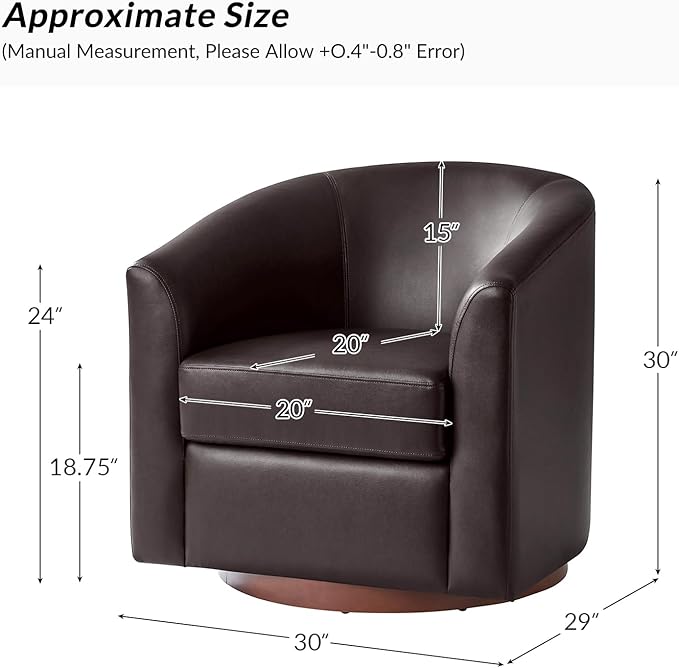 HULALA HOME Faux Leather Swivel Accent Chairs Set of 2 with Solid Wood Base, Round Swivel Barrel Chairs for Living Room and Bedroom, Brown