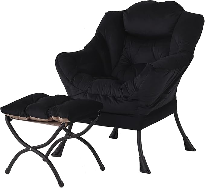 Welnow Lazy Chair with Ottoman, Modern Lounge Accent Chair with Armrests and a Side Pocket, Leisure Sofa Armchair, Reading Armchair with Footrest for Small Space, Black