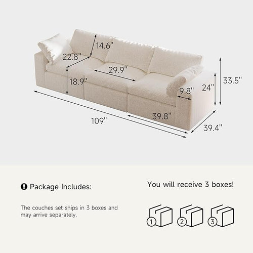 109’’ Cloud Couch for Living Room, Boneless Modular Sectional Sofa with Washable Cushion Cover, No Assembly Required, White (3-Seat)