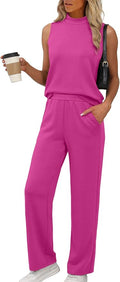 XIEERDUO Two Piece Sets for Women Summer Outfits Travel Mock Neck Lounge Sets Wide Leg Pants Beach Vacation Clothes